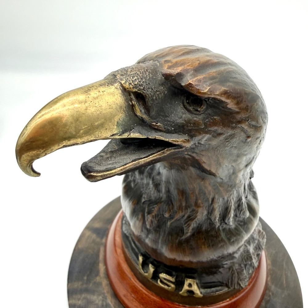 Heavy Cast Brass Bronze Bald Eagle Head Bust Sculpture USA Wood Base 8"‎ - Picture 2 of 16